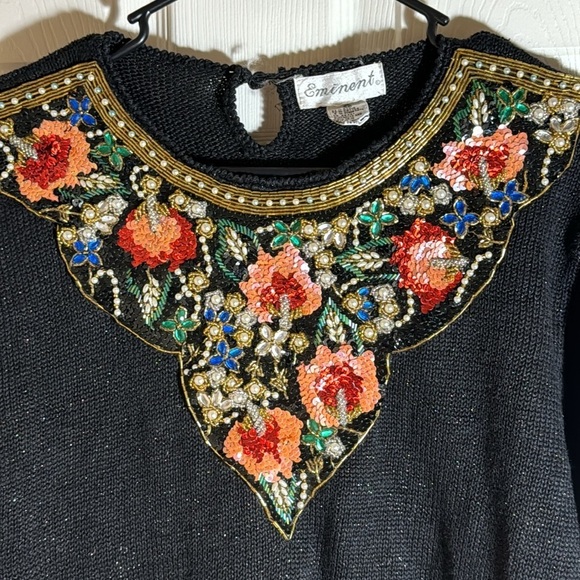 Eminent Vintage 80’s Embellished Sweater Black Sparkly Floral Sequins‎ & Beads - Picture 2 of 11